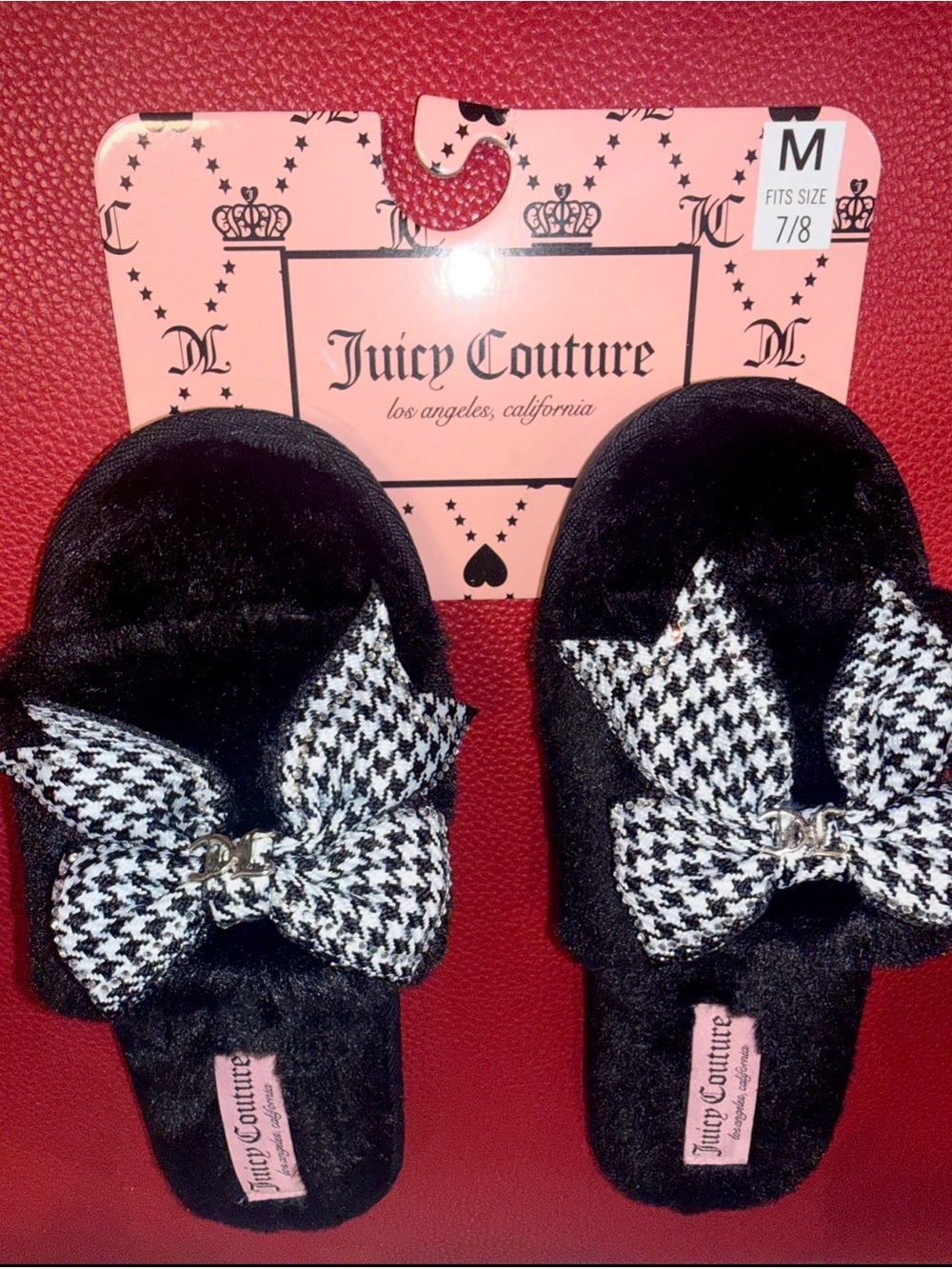 Juicy Couture Black Plush Houndstooth Bow Slippers – Women’s M 7/8 NWT